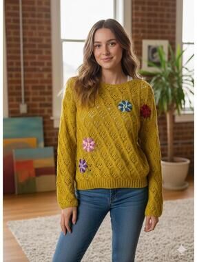 Yellow Crochet Knit Sweater with Floral Appliques L